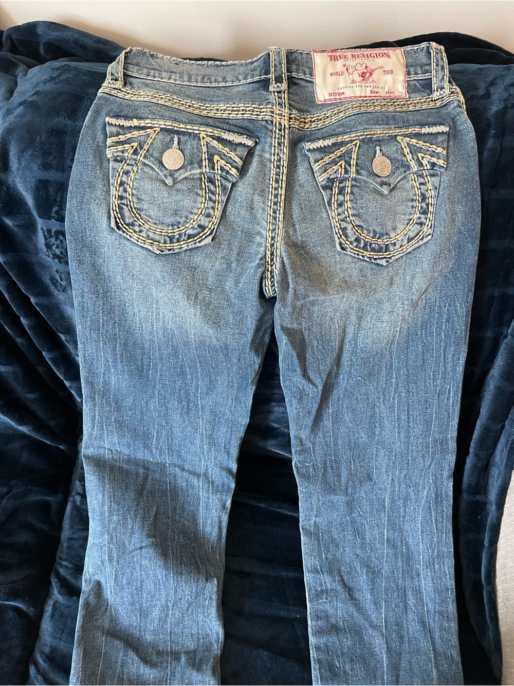 True Religion Medium Blue Straight Leg Jeans with Signature Stitching
